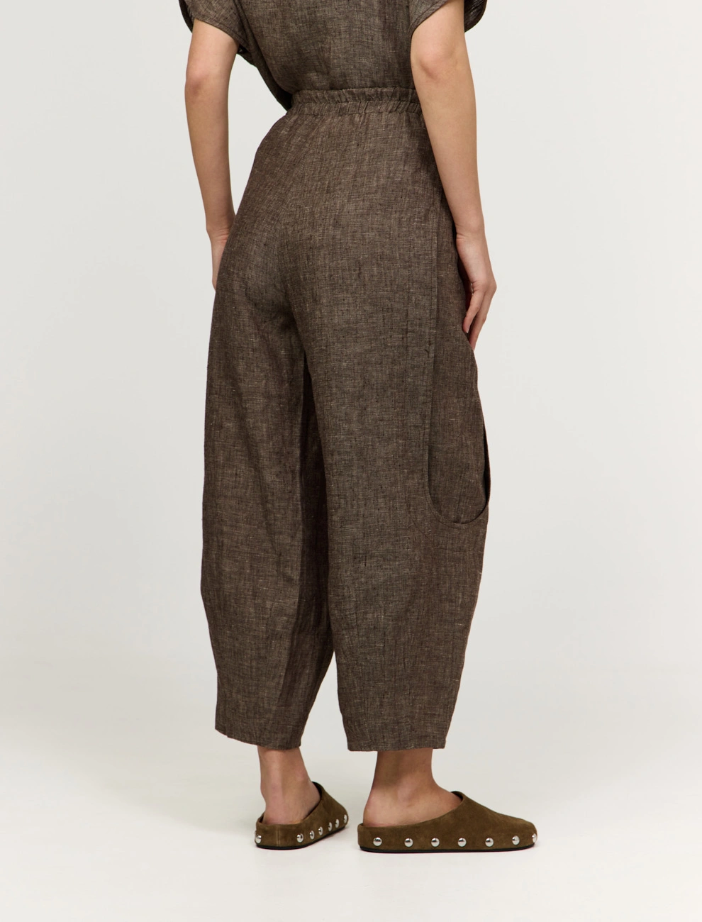 Коричневые женские брюки "Алладины" изо льна лен Hass
