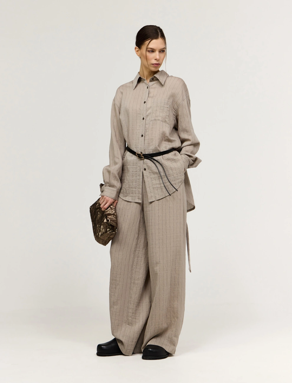 Бежевые женские брюки в полоску  хлопок Hass