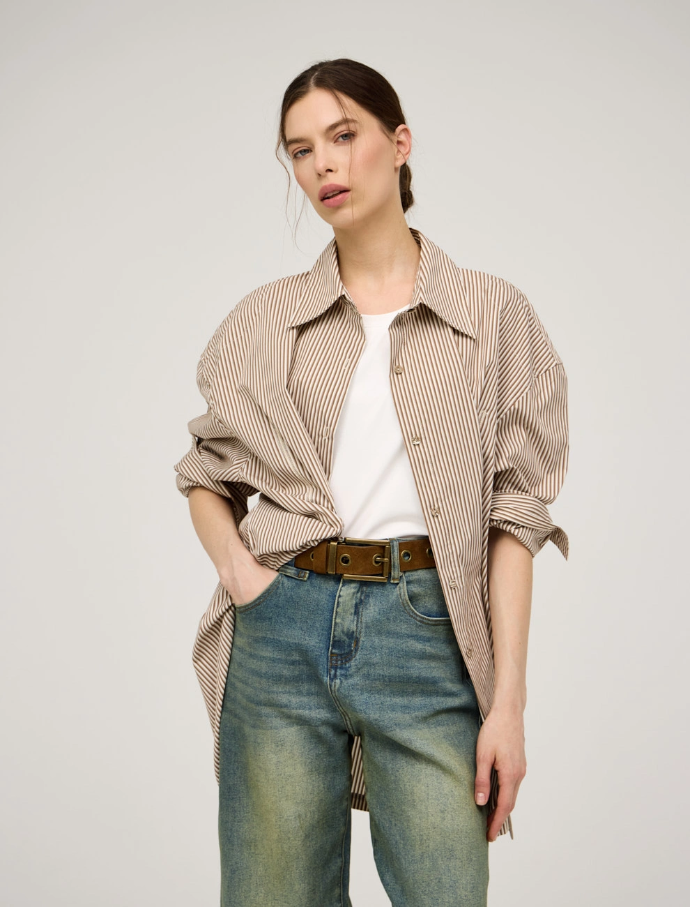 Бежевая женская полосатая рубашка с топом хлопок Hass