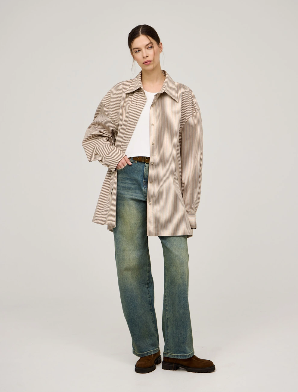Бежевая женская полосатая рубашка с топом хлопок Hass