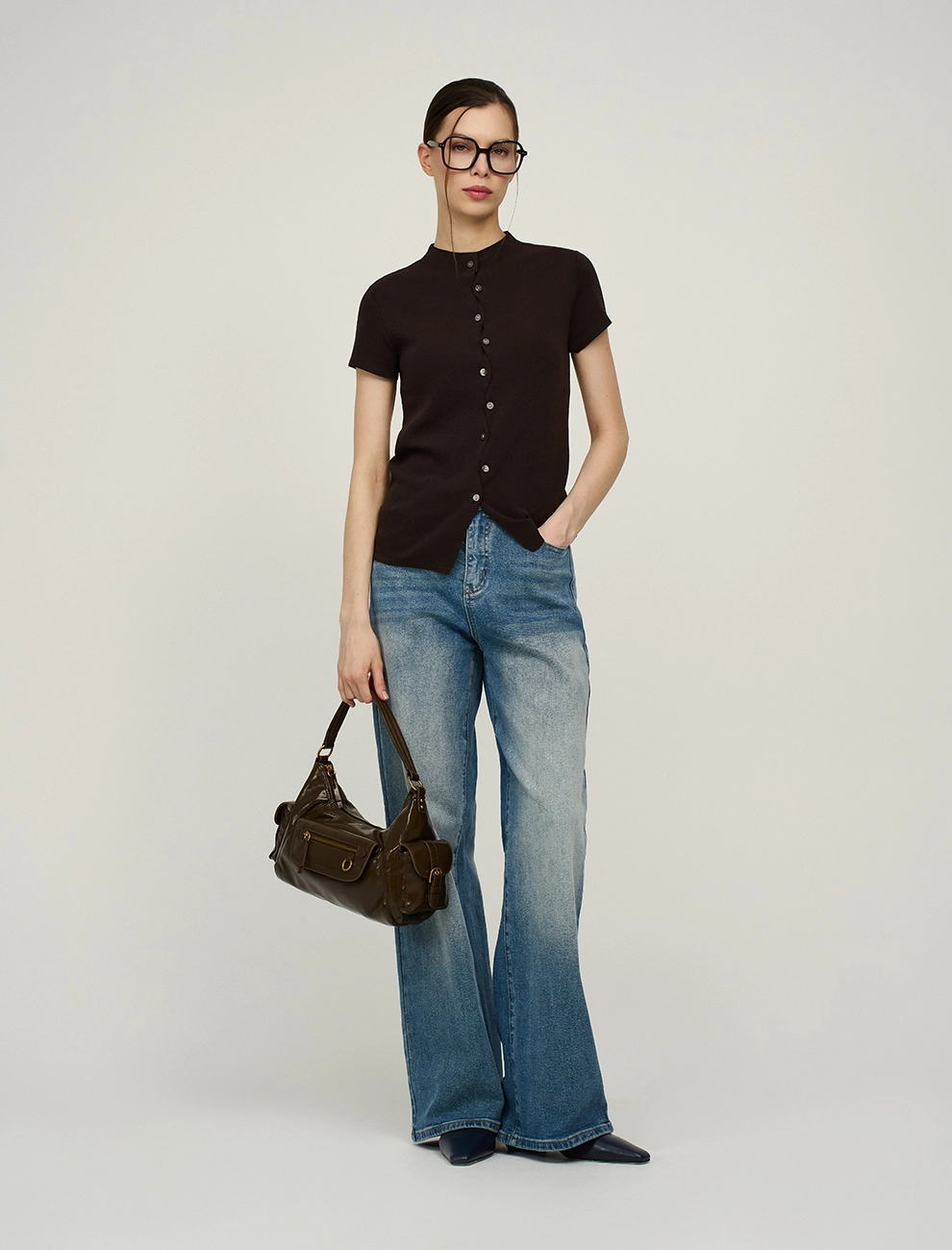 Коричневый женский джемпер с волнообразной застежкой хлопок Hass