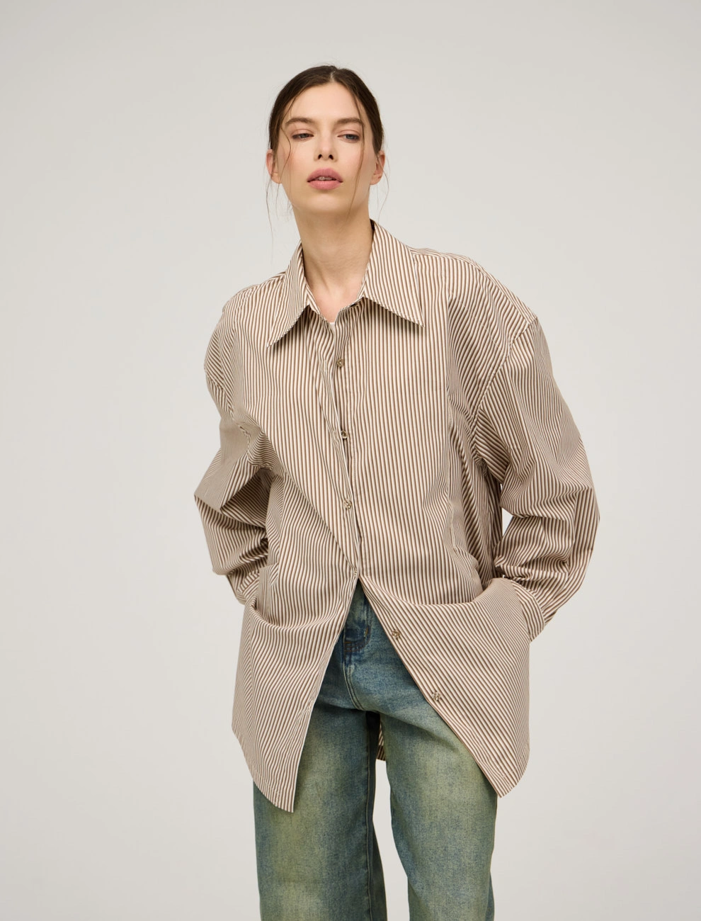 Бежевая женская полосатая рубашка с топом хлопок Hass