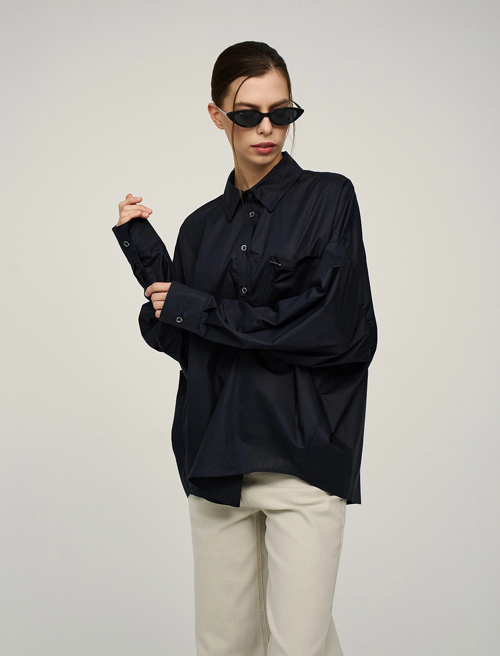 Синяя женская блузка О-силуэта хлопок Hass