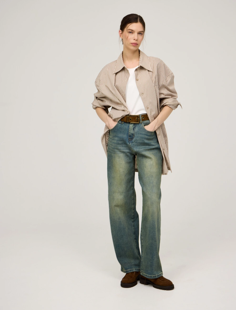 Бежевая женская полосатая рубашка с топом хлопок Hass