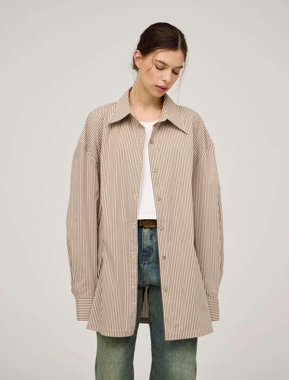 Бежевая женская полосатая рубашка с топом хлопок Hass