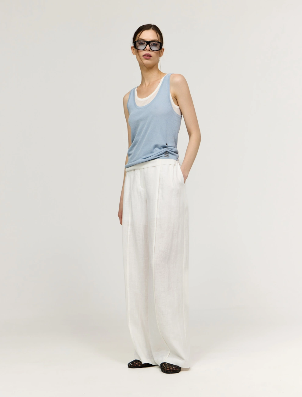 Белые женские широкие  брюки изо льна лен Hass