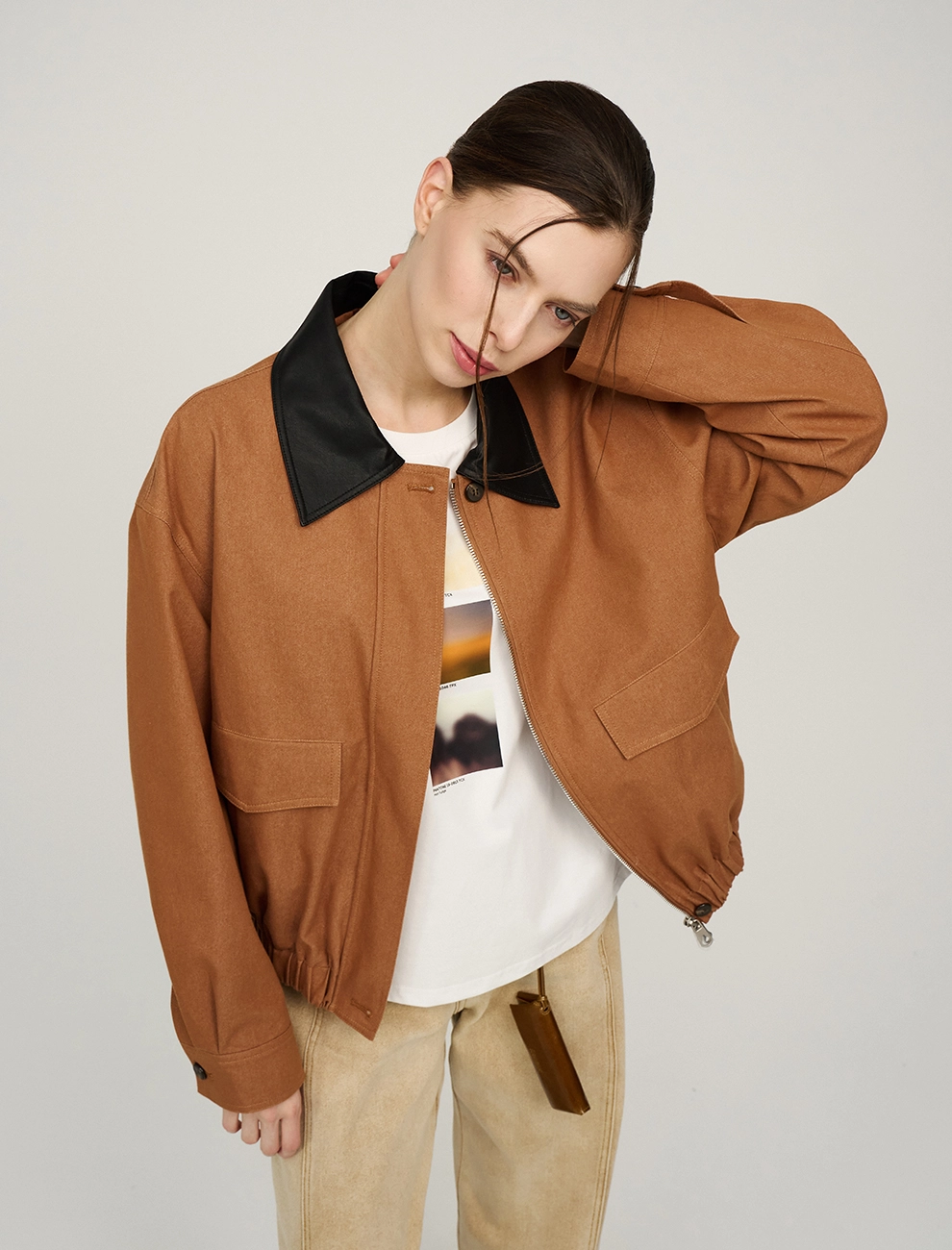 Терракотовый женский бомбер с воротником хлопок Hass