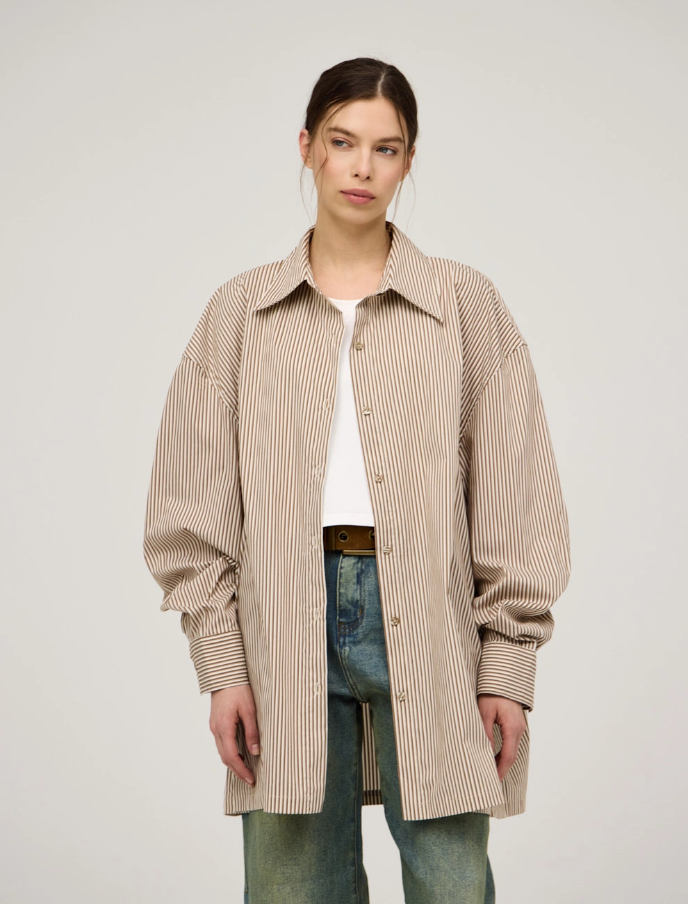 Бежевая женская полосатая рубашка с топом хлопок Hass