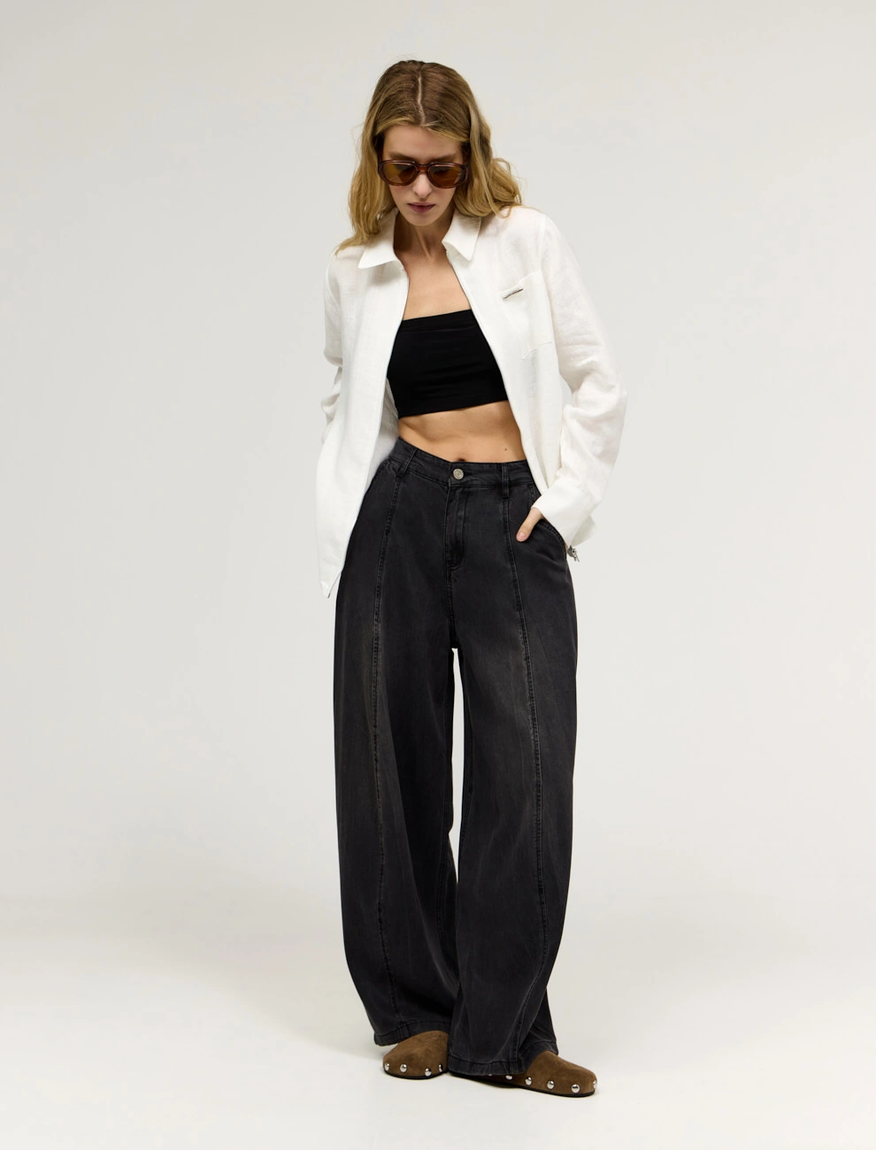 Белая женская рубашка изо льна на молнии лен Hass