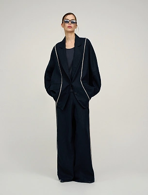 Синие женские брюки изо льна с кантами лен Hass