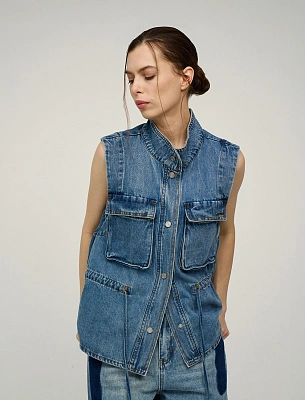 Синий женский жилет из денима с карманами хлопок Hass