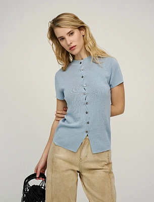 Голубой женский джемпер с волнообразной застежкой хлопок Hass