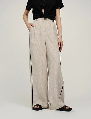 Бежевые женские брюки изо льна с кантами лен Hass