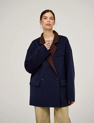 Синее женское полупальто оверсайз шерсть Hass