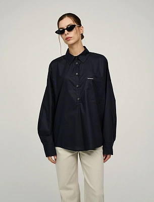 Синяя женская блузка О-силуэта хлопок Hass