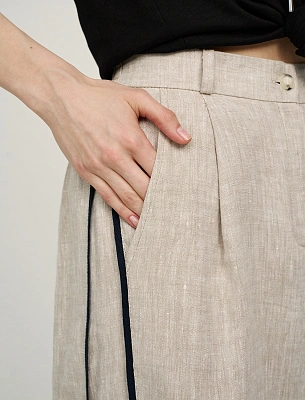Бежевые женские брюки изо льна с кантами лен Hass