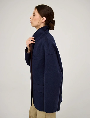 Синее женское полупальто оверсайз шерсть Hass