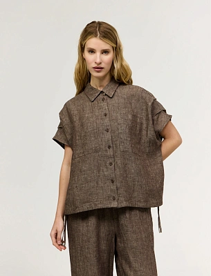 Коричневая женская рубашка с коротким рукавом изо льна лен Hass