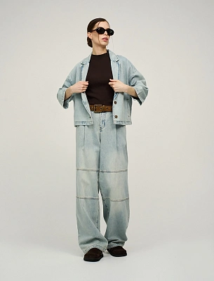 Голубые женские джинсы-баррель хлопок Hass