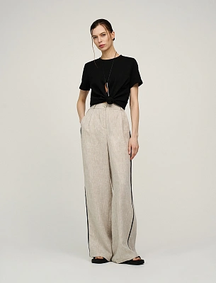 Бежевые женские брюки изо льна с кантами лен Hass