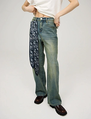 Синие женские зауженные джинсы с платком хлопок Hass