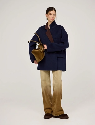 Синее женское полупальто оверсайз шерсть Hass