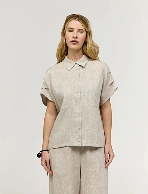 Бежевая женская рубашка с коротким рукавом изо льна лен Hass