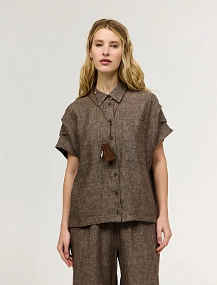 Коричневая женская рубашка с коротким рукавом изо льна лен Hass