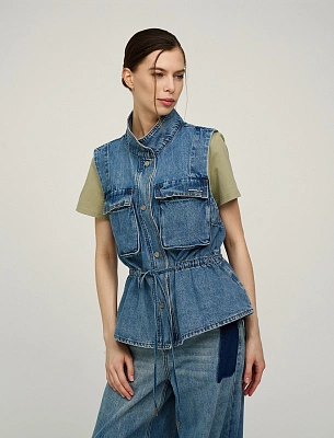 Синий женский жилет из денима с карманами хлопок Hass