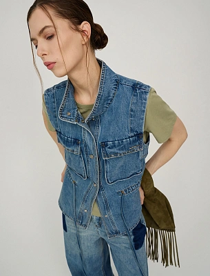 Синий женский жилет из денима с карманами хлопок Hass