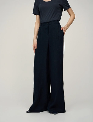 Синие женские брюки изо льна с кантами лен Hass