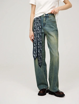 Синие женские зауженные джинсы с платком хлопок Hass