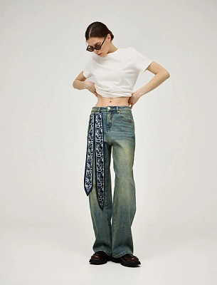 Синие женские зауженные джинсы с платком хлопок Hass