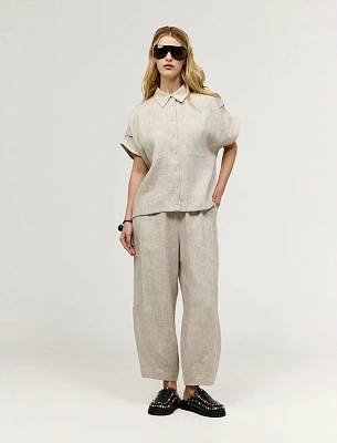 Бежевая женская рубашка с коротким рукавом изо льна лен Hass