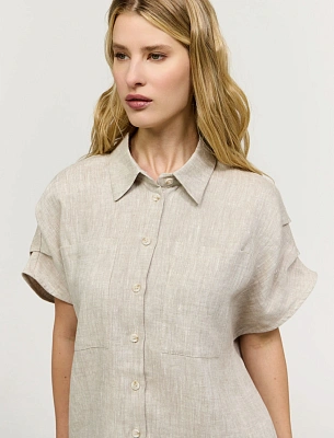 Бежевая женская рубашка с коротким рукавом изо льна лен Hass