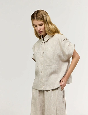 Бежевая женская рубашка с коротким рукавом изо льна лен Hass